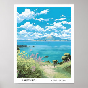 Blue Sky in Lake Taupo New Zealand Vintage Travel  Poster