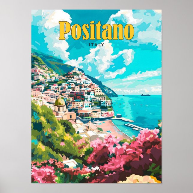 Blue Sky in Positano Italy Vintage Travel  Poster (Front)