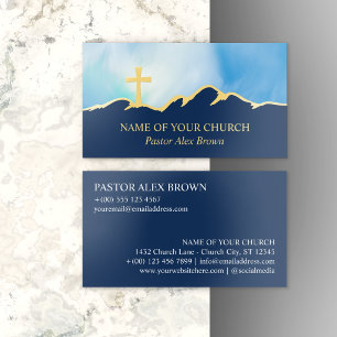 Blue Sky Mountain Skyline Golden Cross Pastor Foil Business Cards