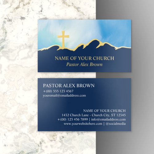 Blue Sky Mountain Skyline Golden Cross Pastor Foil Business Cards
