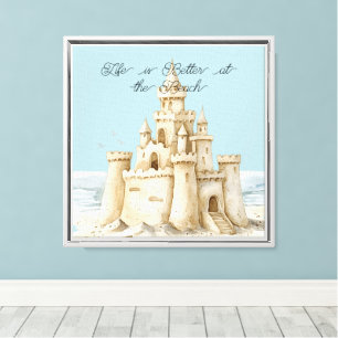 Blue Sky Ocean Beach Cream Sand Castle Canvas Print