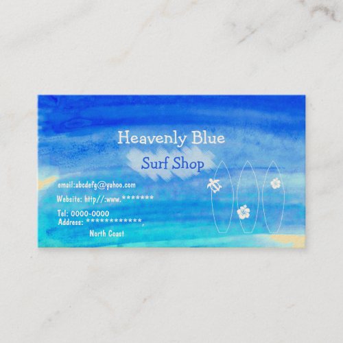 Blue sky ocean watercolor Surf shop2 sand beach Business Card