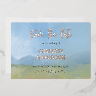 Blue Sky Painted Landscape Wedding Save The Date   Foil Invitation