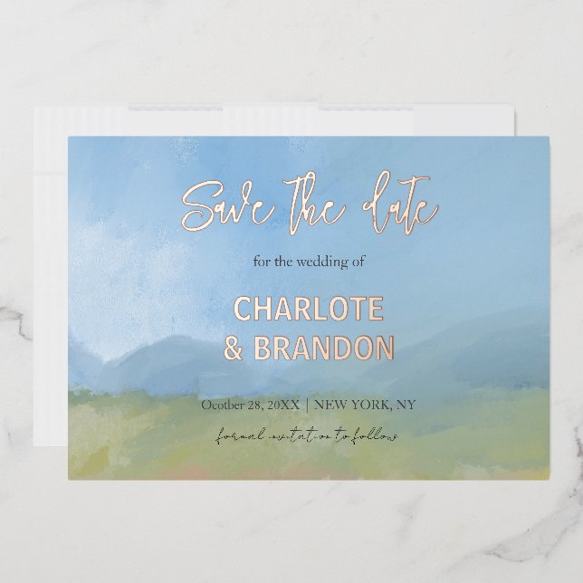 Blue Sky Painted Landscape Wedding Save The Date   Foil Invitation (Envelope)