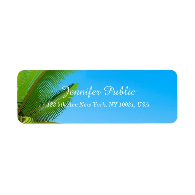 Blue Sky Palm Leaves Modern Elegant Hand Script Label (Front)
