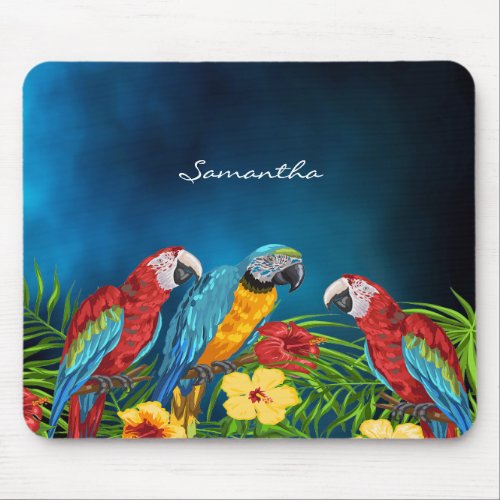 Blue sky parrots leaves summer name mouse pad