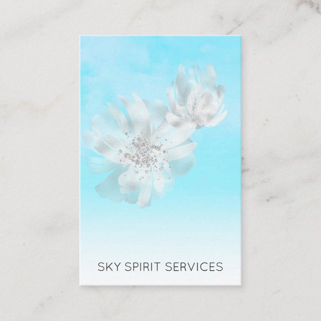 *~* Blue Sky QR  Clouds Floral Glitter Shimmer Business Card (Front)