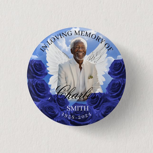 Blue Sky Roses Funeral Memorial Button Angel Wings (Front)