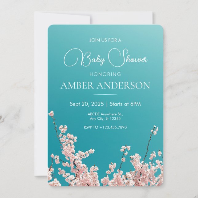 Blue sky sakura flower blossom spring baby shower invitation (Front)