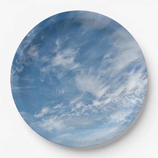 Blue Sky Scattered White Clouds Blue Pattern Paper Plates (Front)