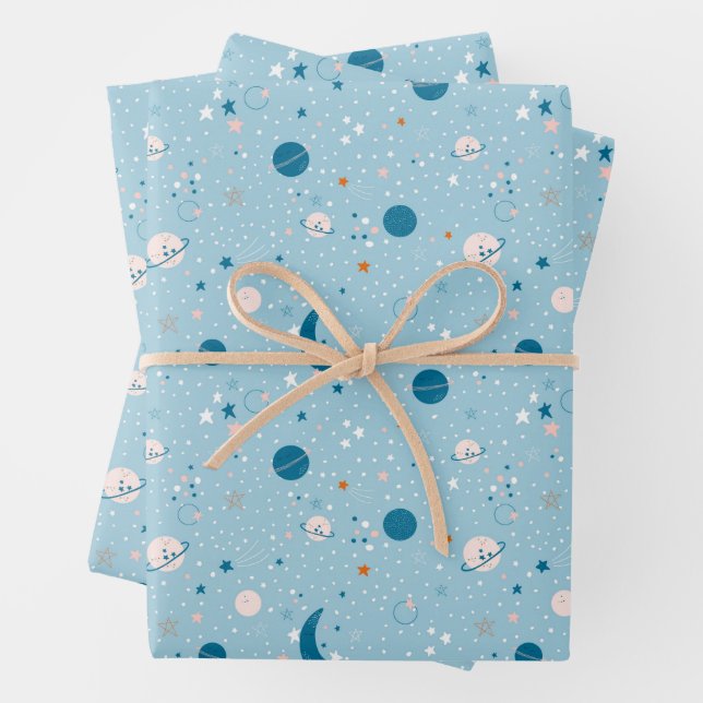 Blue Sky & Space Pattern Wrapping Paper Sheets (In situ)
