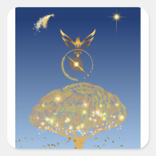 Blue sky: stars, a bird and it's golden tree  square sticker