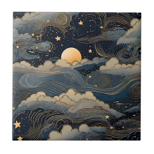 Blue sky stars moon retro ceramic tile