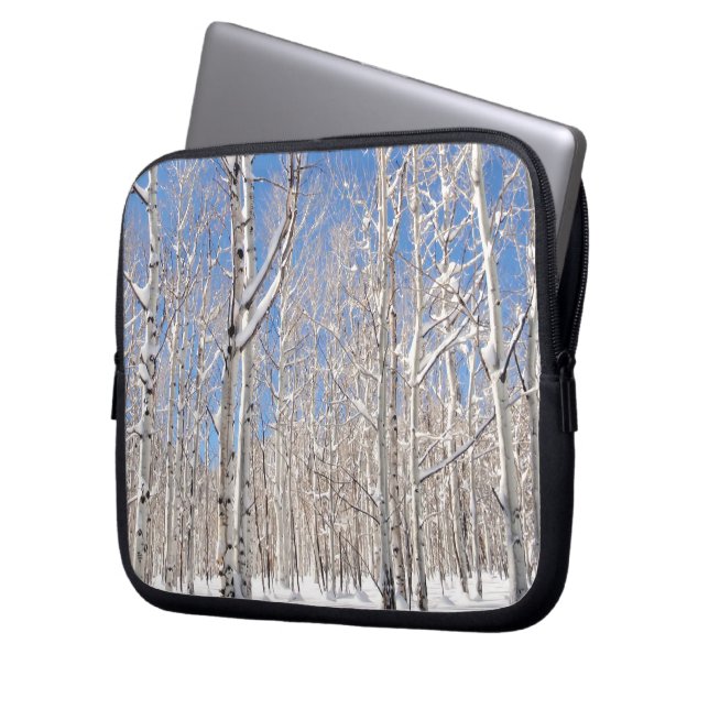 Blue Sky, Towering Aspens In Snow Photograph Laptop Sleeve (Front Left)