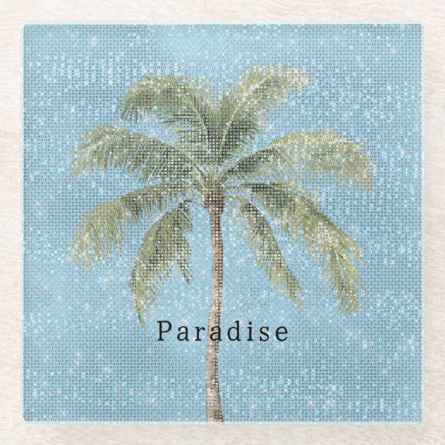 Blue Sky Tropical Palm Tree Sparkle  Glass Coaster (Front)