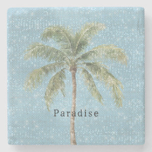 Blue Sky Tropical Palm Tree Sparkle  Stone Coaster