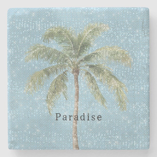 Blue Sky Tropical Palm Tree Sparkle  Stone Coaster (Front)