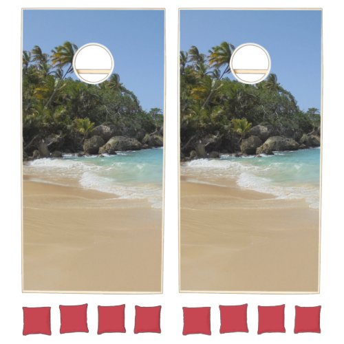 Blue Sky Water Aqua Seaside Waves Palms Template Cornhole Set