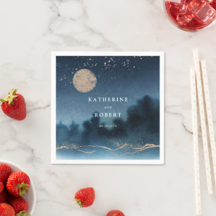 Blue Sky Watercolor Landscape Wedding Monogram Napkins