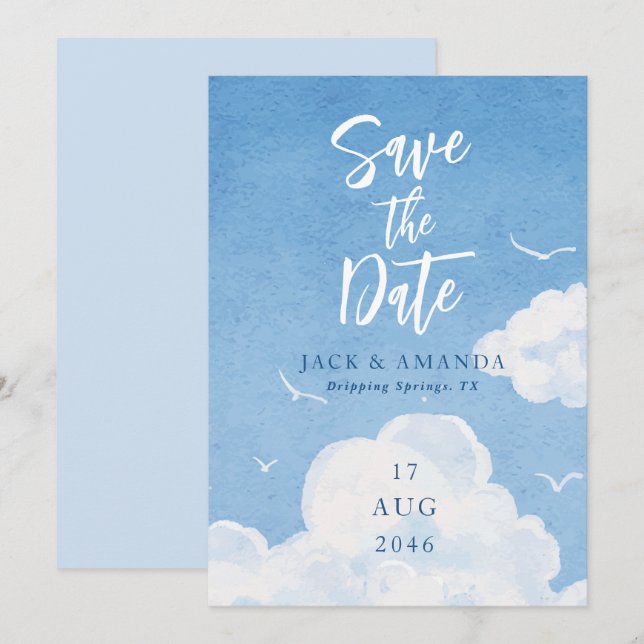 Blue Sky Watercolor Wedding Save the Date Cards (Front/Back)