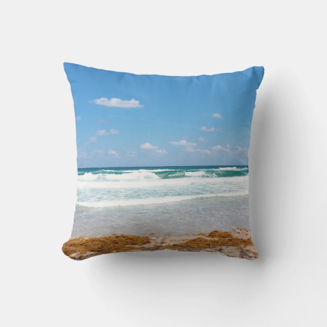 Blue Sky Waves Crashing Shoreline View Throw Pillow (Front)