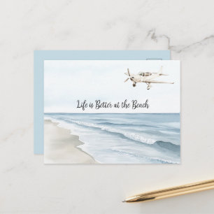 Blue Sky White Airplane Beach Ocean Coast Postcard
