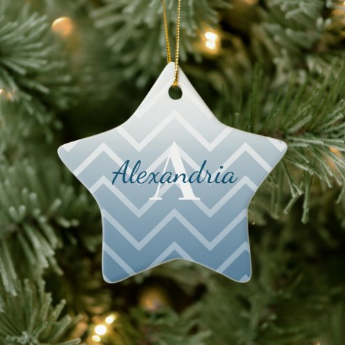 Blue Sky White Chevron Ceramic Ornament