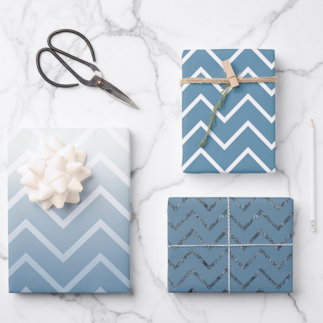 Blue Sky White Chevron Wrapping Paper Sheets (Front)