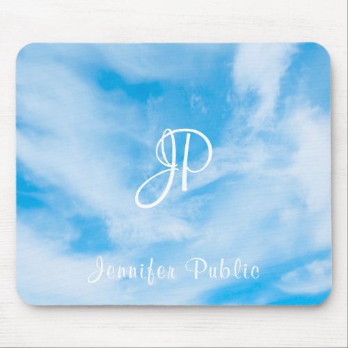 Blue Sky White Clouds Calligraphy Text Monogram Mouse Pad