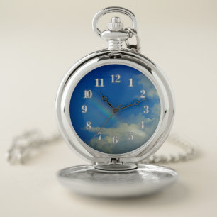 Blue Sky White Clouds Hope Positive Rainbow Pocket Watch