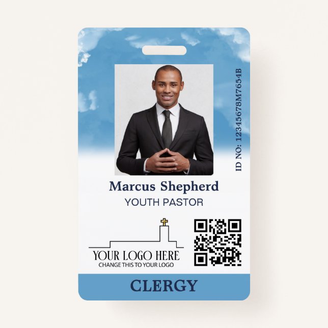 Blue Sky White Clouds Logo QR Code Church ID Badge (Front)