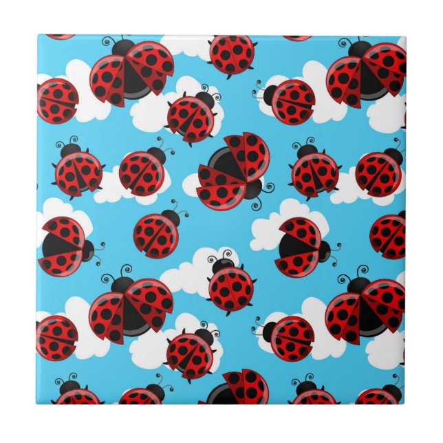 Blue Sky White Clouds Red Ladybug Beetle Ceramic Tile (Front)