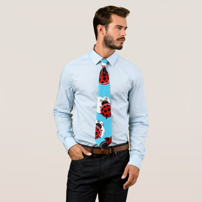 Blue Sky White Clouds Red Ladybug Beetle Neck Tie (In Situ)