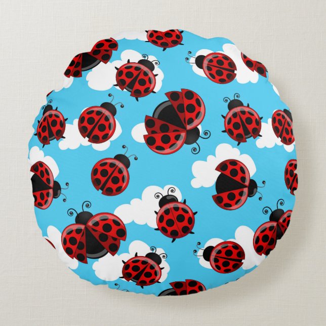 Blue Sky White Clouds Red Ladybug Beetle Round Pillow (Front)