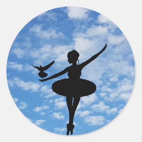 Blue Sky White Clouds Silhouette Ballerina  Bird Classic Round Sticker