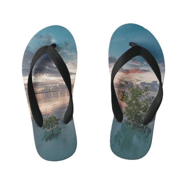 blue sky with red and dark clouds reflected on sea kid's flip flops (Footbed)