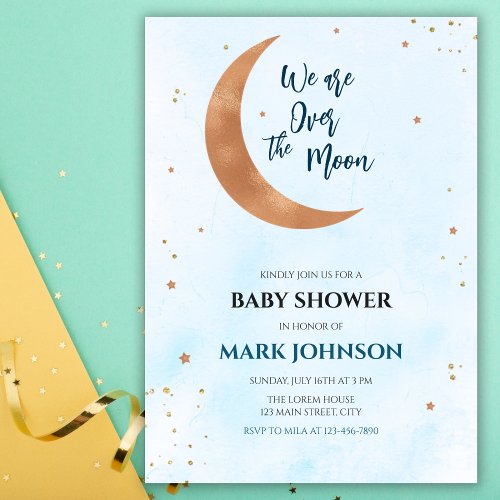 Blue Sky with Stars Over the Moon Baby Boy Shower Invitation