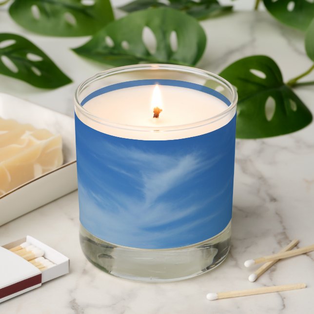 Blue Sky with White Clouds Abstract Nature Photo Scented Candle (Lit)