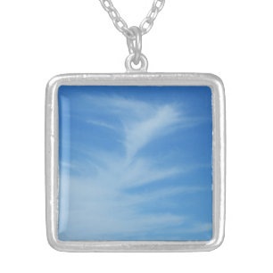 Blue Sky with White Clouds Abstract Nature Photo Silver Plated Necklace