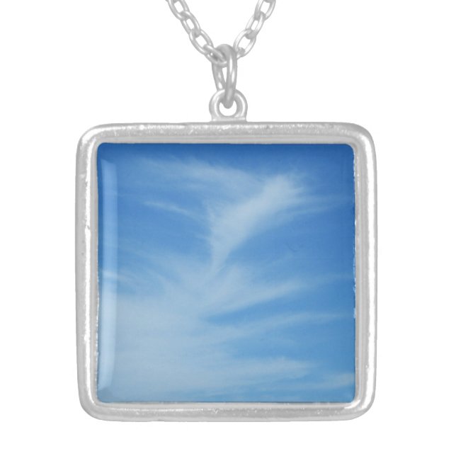 Blue Sky with White Clouds Abstract Nature Photo Silver Plated Necklace (Front)