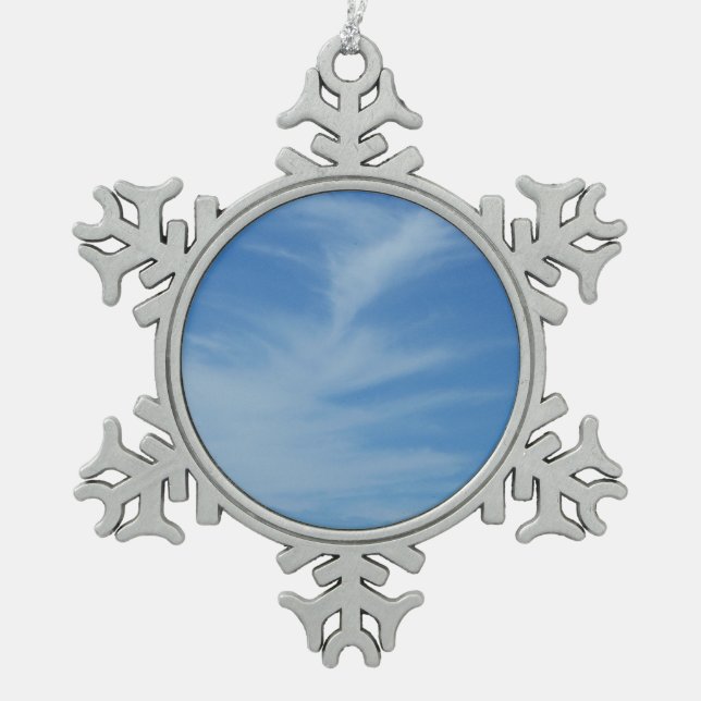 Blue Sky with White Clouds Abstract Nature Photo Snowflake Pewter Christmas Ornament (Front)