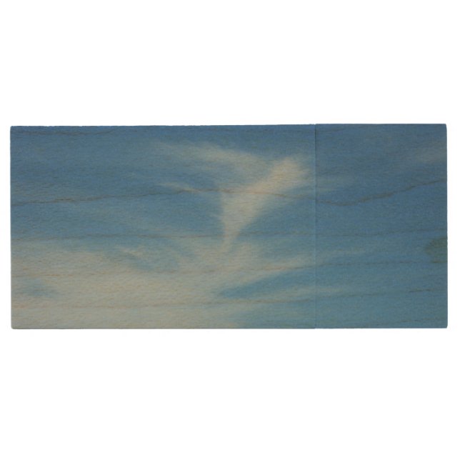 Blue Sky with White Clouds Abstract Nature Photo Wood Flash Drive (Front)