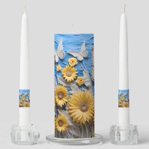 BLUE SKY YELLOW SUNFLOWERS WHITE BUTTERFLIES UNITY CANDLE SET