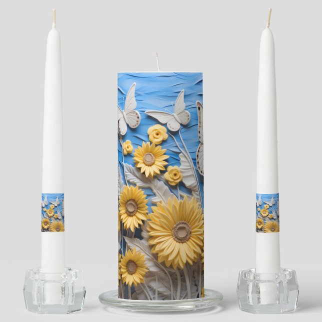 BLUE SKY YELLOW SUNFLOWERS WHITE BUTTERFLIES UNITY CANDLE SET (Front)