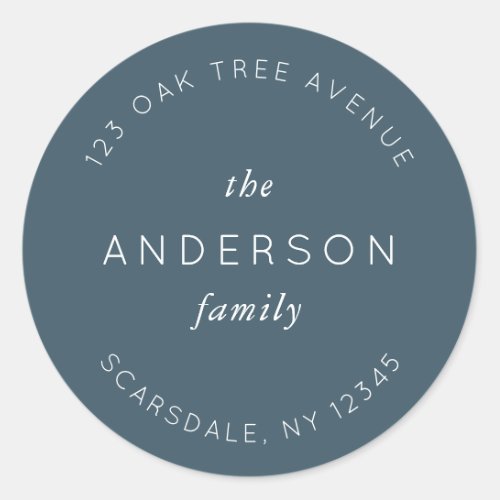 Blue Slate Family Name Return Address Modern Classic Round Sticker