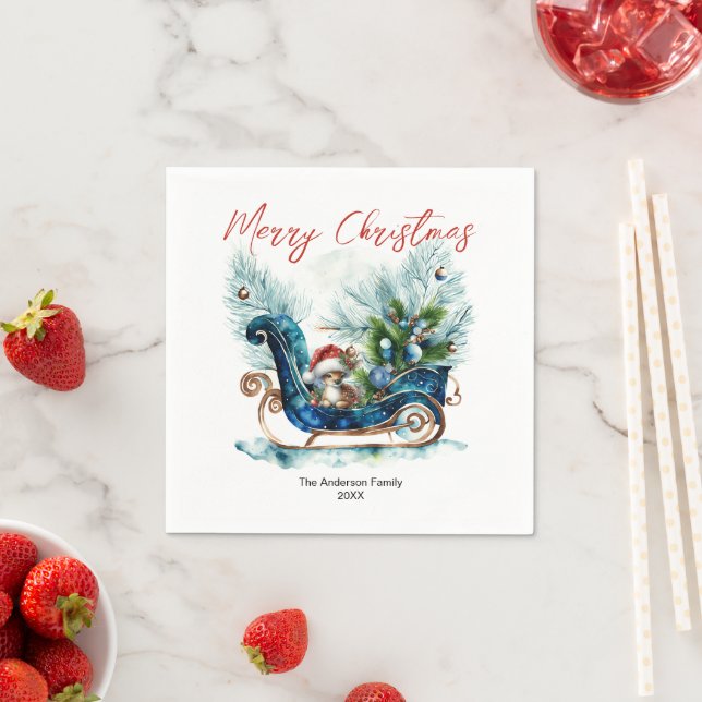 Blue Sled Baby Reindeer Christmas Napkins (Insitu)
