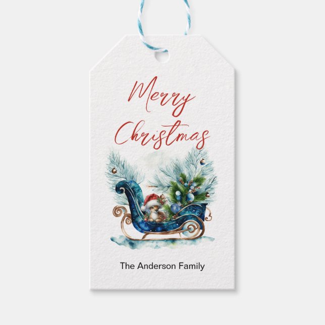Blue Sled Baby Reindeer Gift Tags (Front)
