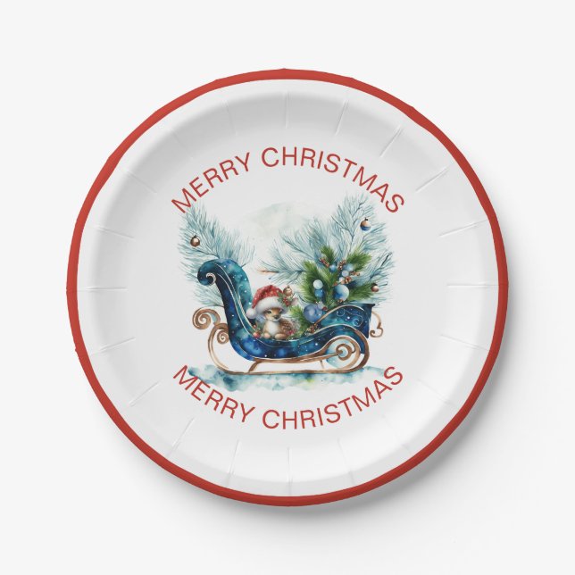 Blue Sled Baby Reindeer Paper Plates (Front)