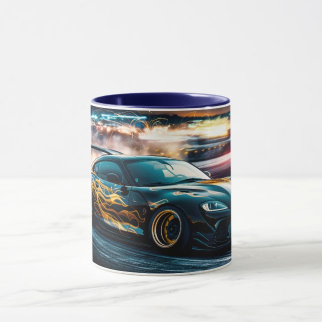 Blue Sleek Drifting Sports Car Automotive Mug (Center)