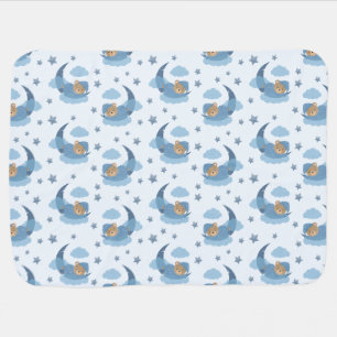 Blue Sleeping Baby Bear On Moon Clouds & Stars Blanket